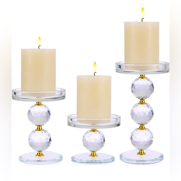Other - Gold Crystal Glass Pillar Candlestick Holders  Set of 3 with Candles Centerpiece